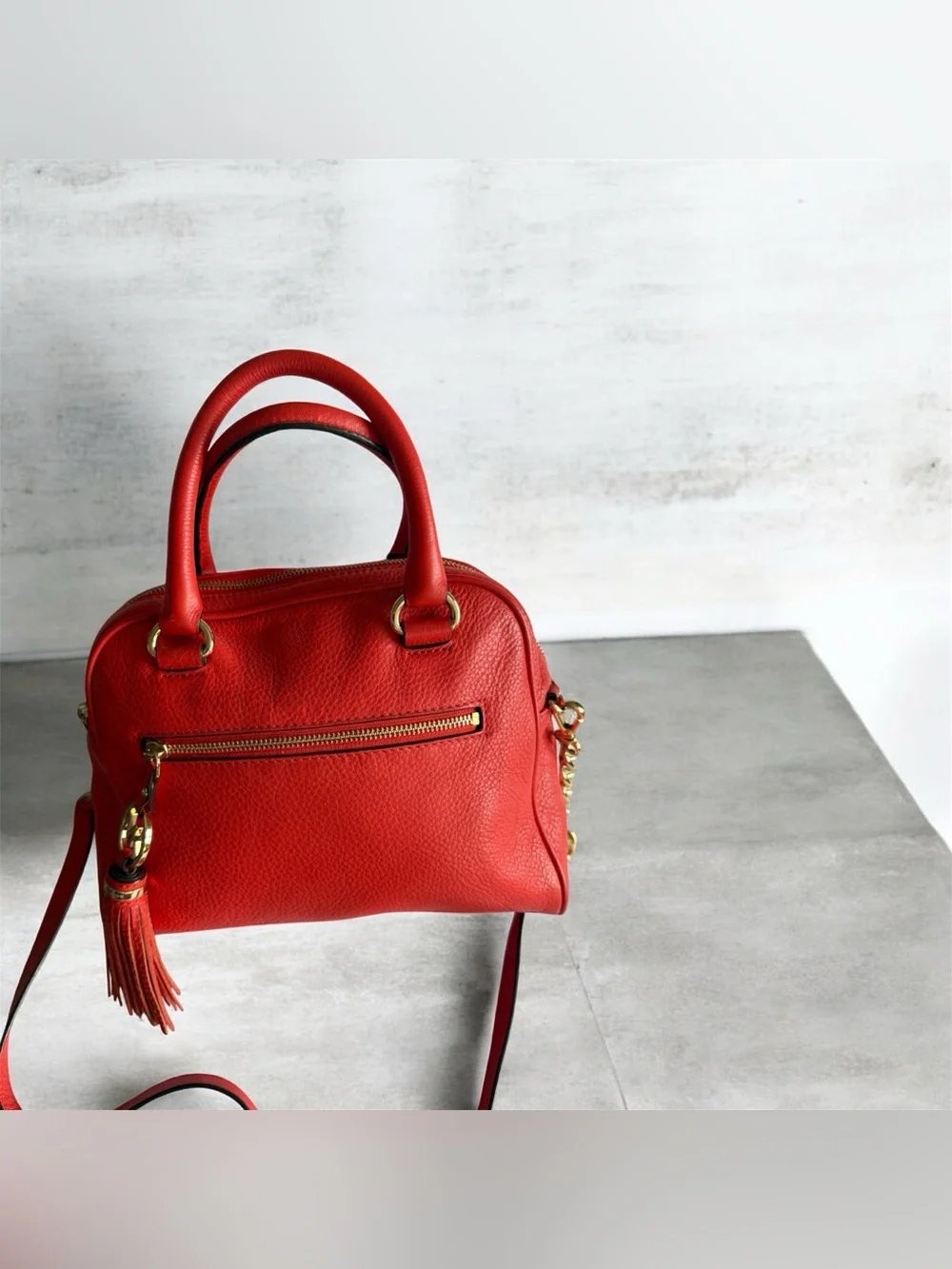 Michael Kors Red Pebbled Leather Knox Satchel Crossbody Gold Chain Tassel Charm - Picture 2 of 8